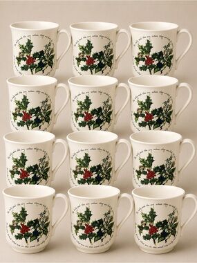 Portmeirion Holly Ivy 12 Christmas Mugs 9 oz England Holiday Set